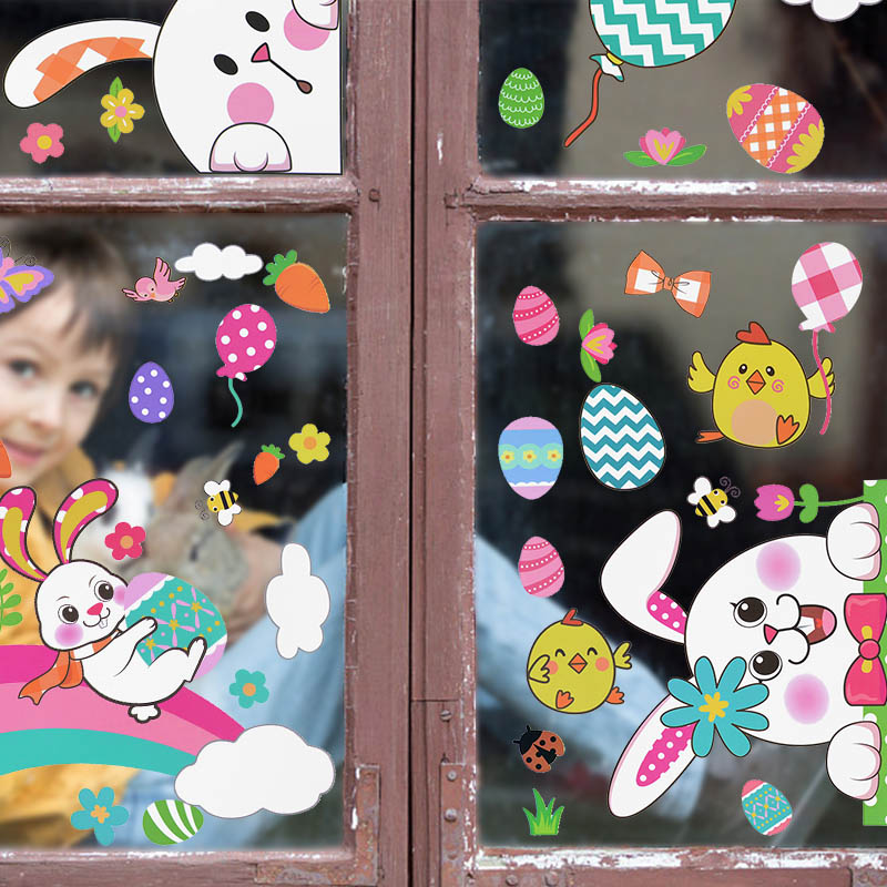 Pegatina de ventana de conejo de Pascua para decoración del hogar, Adhesivo de pared de huevo colorido, bonito pollo, conejo, suministros de de Primavera y Pascua