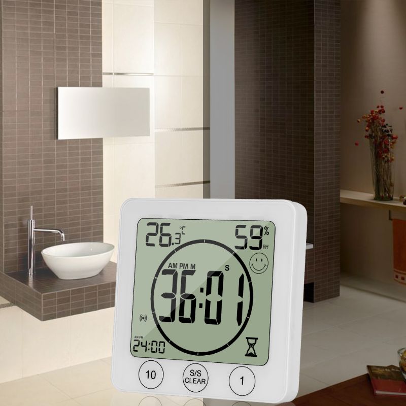 LCD Bathroom Wall Clock Temperature Humidity Countdown Waterproof Shower Timer Q9QF