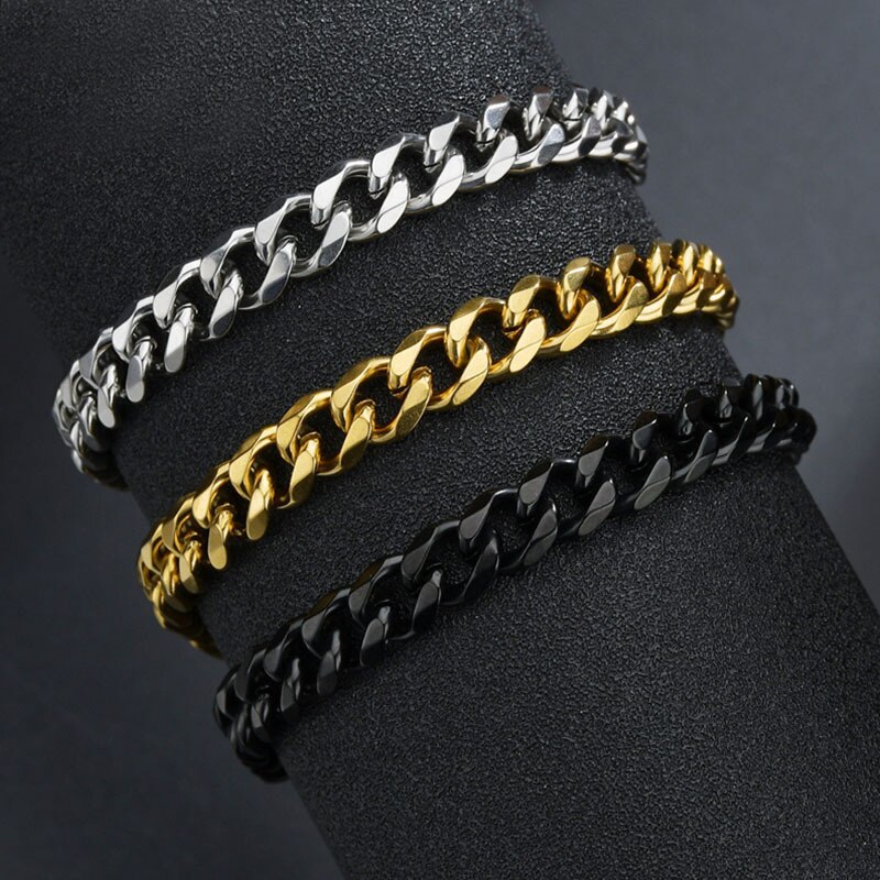 3/5/7/9mm Polished Stainless Steel Bracelet for Men Women Gold Black Color Punk Casual Curb Cuban Link Chain Bracelet