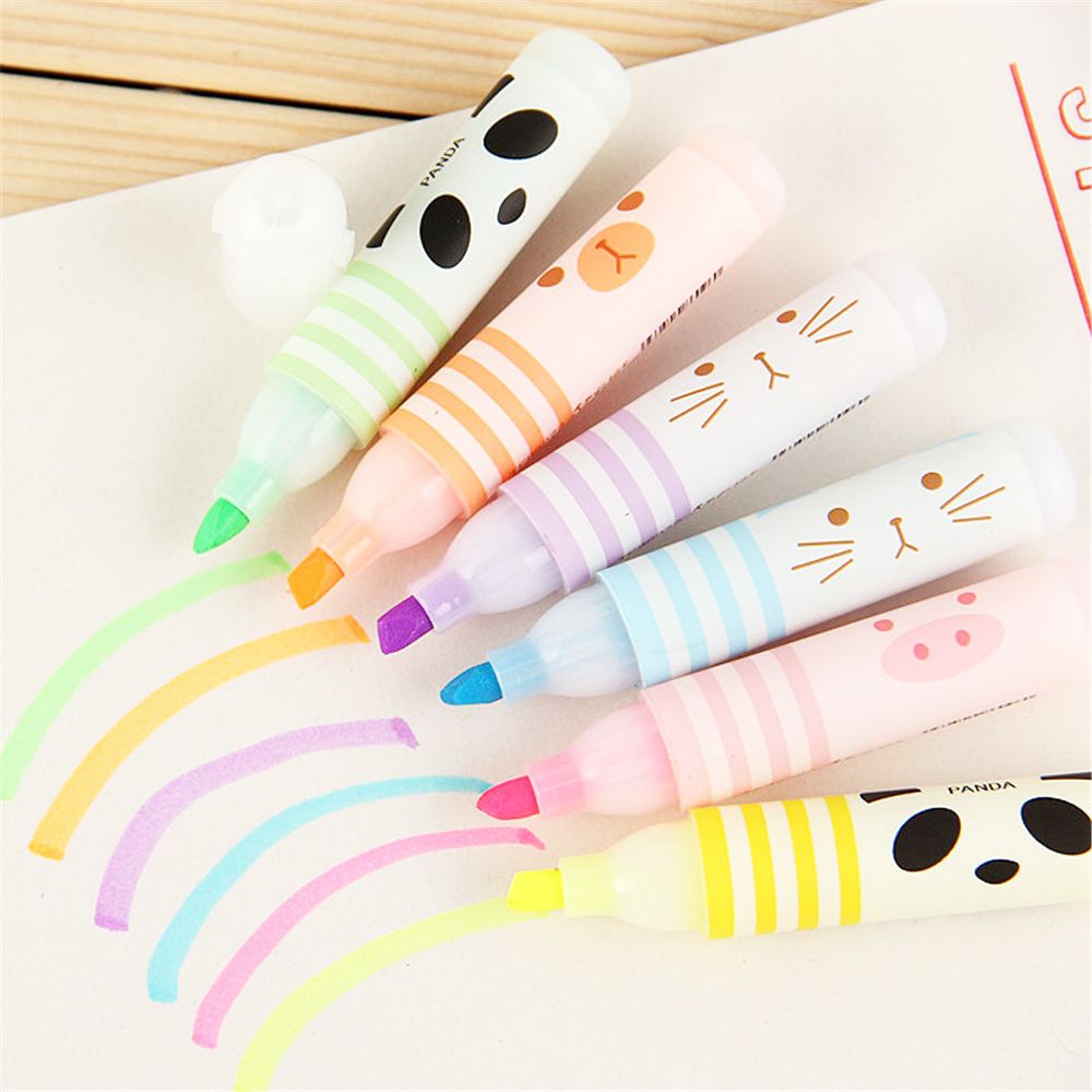 6pcs Cute Cartoon Animals Highlighters Lovely Mini Paint Marker Pens Drawing Liquid Chalk Stationery School Office Art Supplies