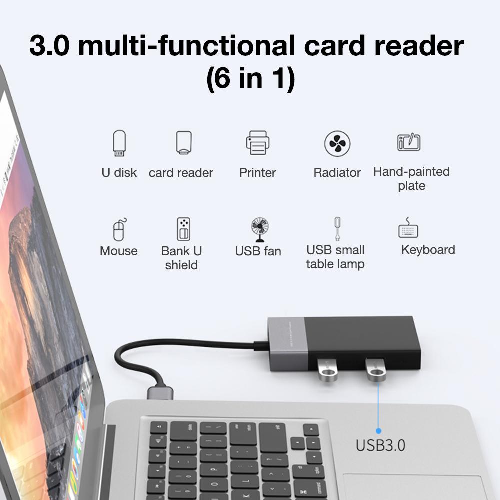 6 In 1 Multi Memory Card Reader ABS Aluminum Alloy Shell PVC Wire Reader USB 3.0 2 Port HUB High Speed Adapter For XQD CF SD TF