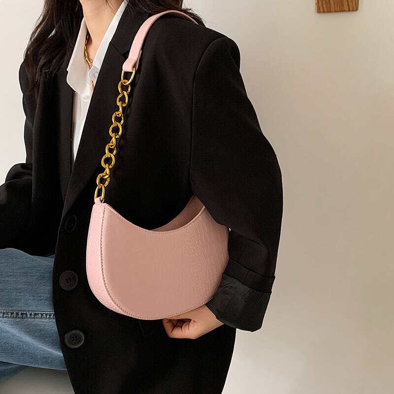 Sac à main imprimé Alligator rose pour femmes, , , couleur unie, Style à la Simple, chaînes, sacs à bandoulière simples pour femmes, A071