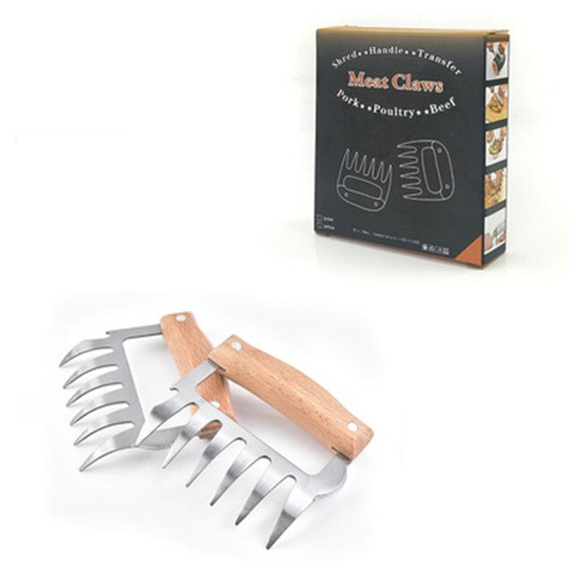 2Stck Fleisch Separator Edelstahl Multifunktions Klemme Schredder Bär Klaue Holzgriff Fleisch Unterteilt Reißen Fleisch für BBQ: 2Stck Holz