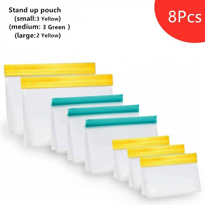Bolsa de silicona para alimentos, PEVA esmerilada para conservar alimentos, reutilizable, para congelador, con cremallera, a prueba de fugas: Style7 8Pcs