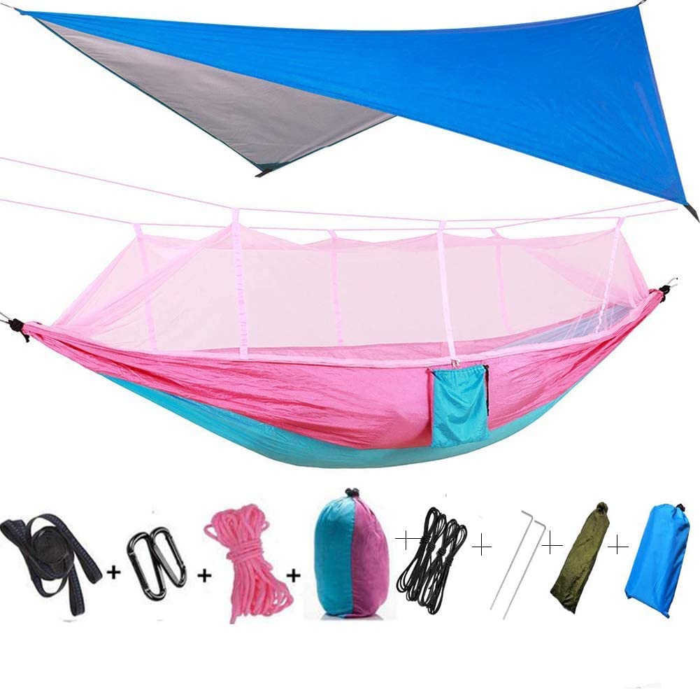 Hamaca para acampar con lona de mosca de lluvia y mosquitera, tienda de campaña con correas de árbol, impermeable, ligero, de nailon, portátil, conjunto Rainfly: Rosa