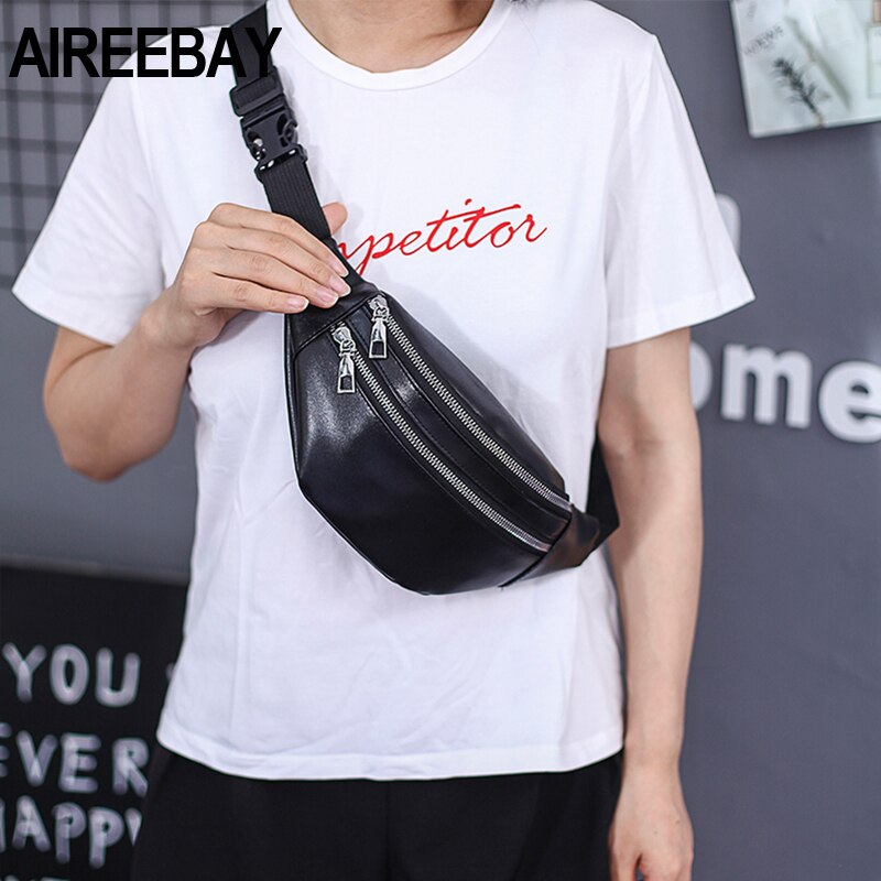 AIREEBAY Leather Waist bag For Women Fanny Pack Waterproof 3-Zipper Girls Bum Bag Travel Phone Pouch