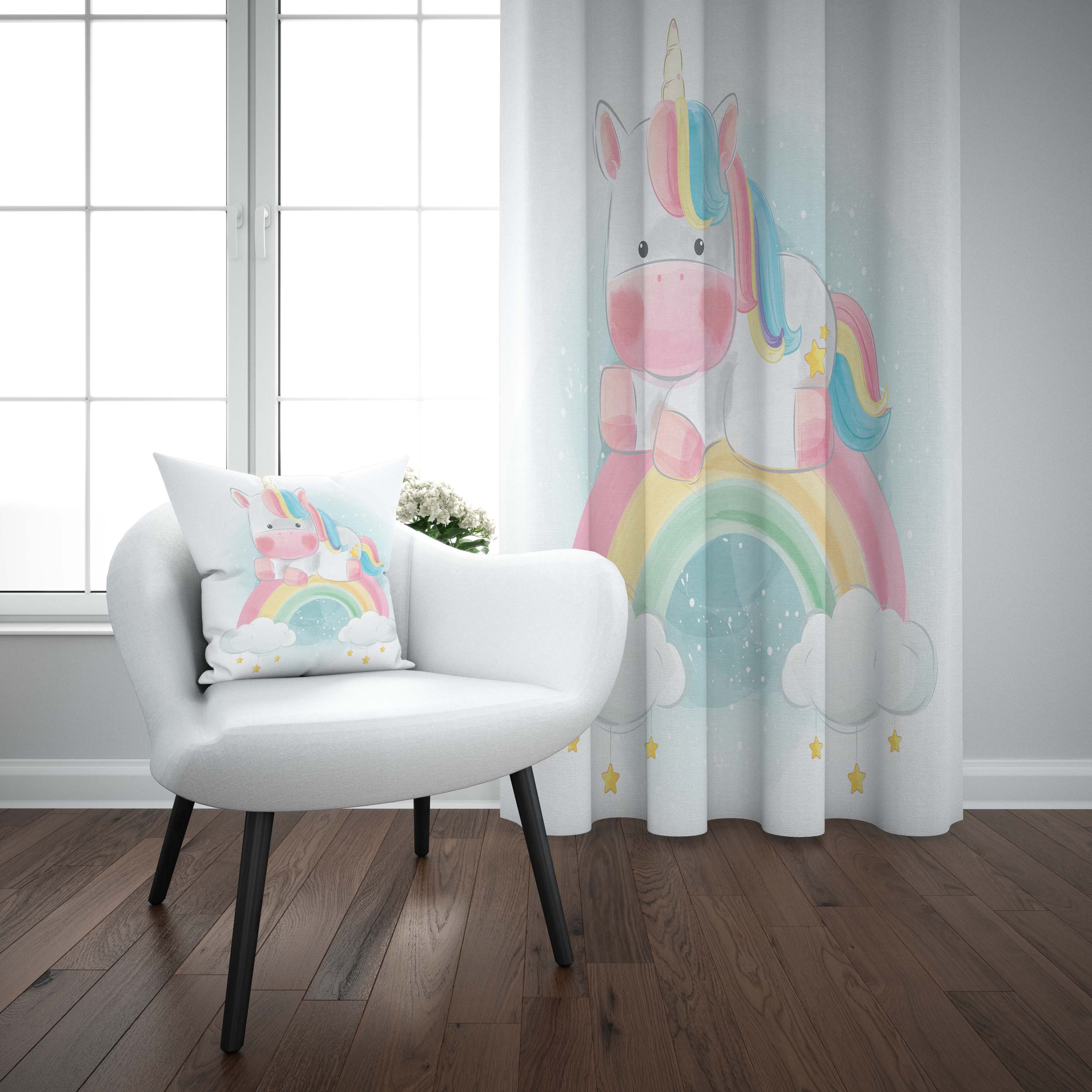 Annat färgad akvarell enhörning regnbåge häst 3d tryck barn baby barn fönster panel set gardin kombinera örngott