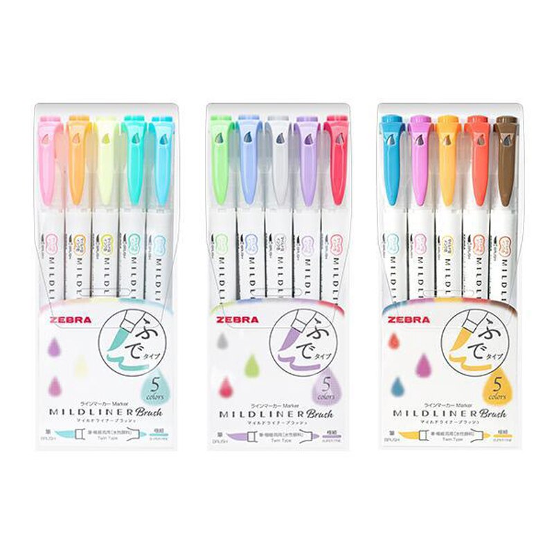 5 couleurs zèbre MildLiner brosse stylo ensemble WFT8 Double face à base d'eau surligneur marqueur stylo Journal fournitures: 15 Color Set