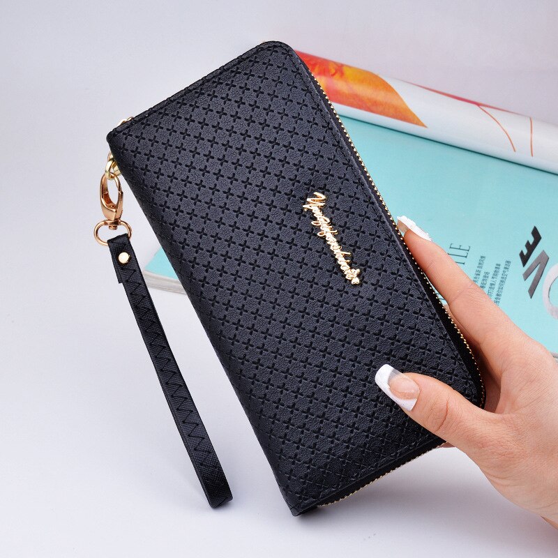 Ladies Zipper Purse Large Capacity Practical Hand Wallet Woman PU Leather Female Long Section Wallet: Black