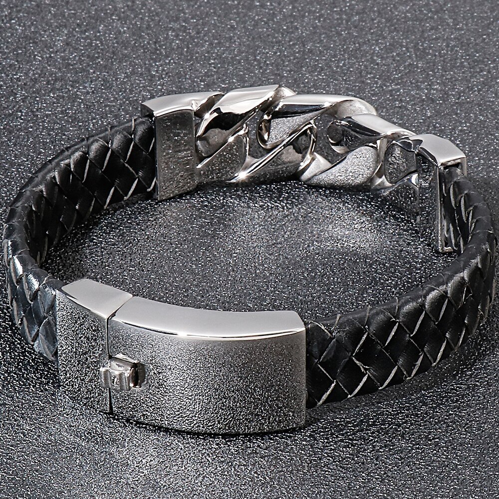 Men's Leather Bracelet 316L Stainless Steel Skull Head Curb Chain Charm Bracelets For Men Gothic Male Jewellery Mannen Armband