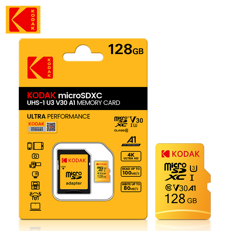 Oryginalny Kodak U3 A1 V30 MicroSD 128 GB 32 GB 64 GB 256 GB Klasa 10 Karty 32 64 128 256 GB Karta pamięci telefonu wideo: 128 gb