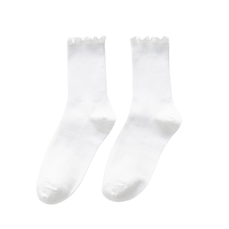 5 Pairs Women Cotton Ruffle Frilly Socks Black White Cute Autumn Winter Socks Solid color Soft Happy Girl Socks
