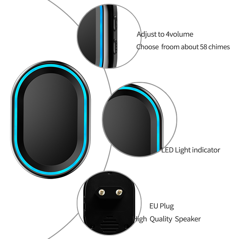 CACAZI – sonnette sans fil à 58 carillons auto-alimentés, 4 niveaux, 80db, 200M, étanche, aucune batterie requise, prise US EU UK, sonnette d'appel à domicile