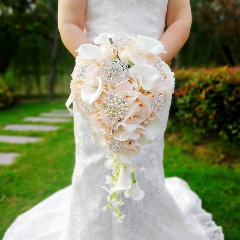 Roze Bruidsboeket Cascading Bruiloft Bloemen Witte Calla Lelie Bruidsboeket Bloem Ramo De Novia Boda