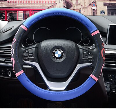 Cartoon Heart Steering Wheel Covers Microfeiber Leather Car Accessories For Girls Black Pink Cute Steering-Wheel Handle Cases: black blue