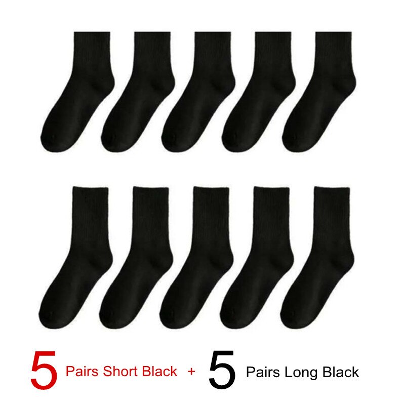 Calcetines clásicos de algodón 95% para mujer y hombre, medias largas y cortas de Color sólido, Color blanco y negro, 10 par/paquete: J