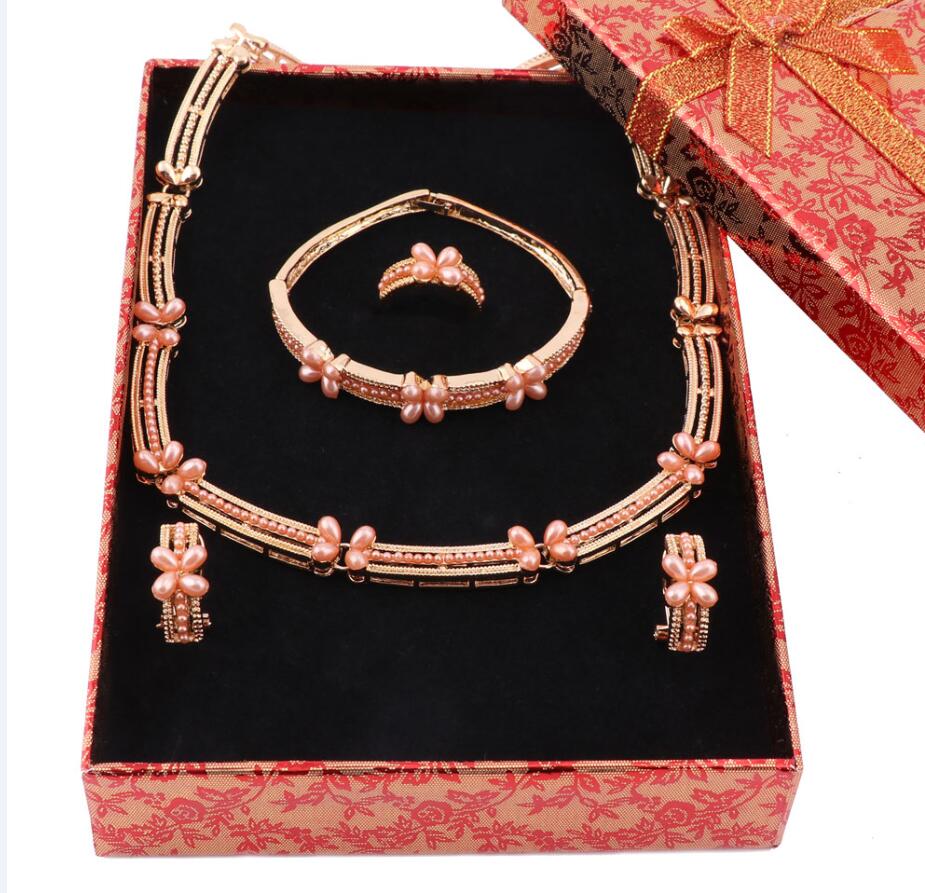 Vrouwen Goud Kleur Sieraden Sets Afrikaanse Kralen Verklaring Choker Ketting Oorbellen Armband Ring Bruiloft Accessorie: set add box