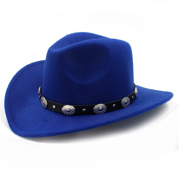 LUCKYLIANJI 100% filc wełniany dzieciak dziecko zachodni kapelusz kowbojski z szerokim rondem punkowa skórzana czapka jazzowa (rozmiar: 54cm regulacja liny): Niebieski