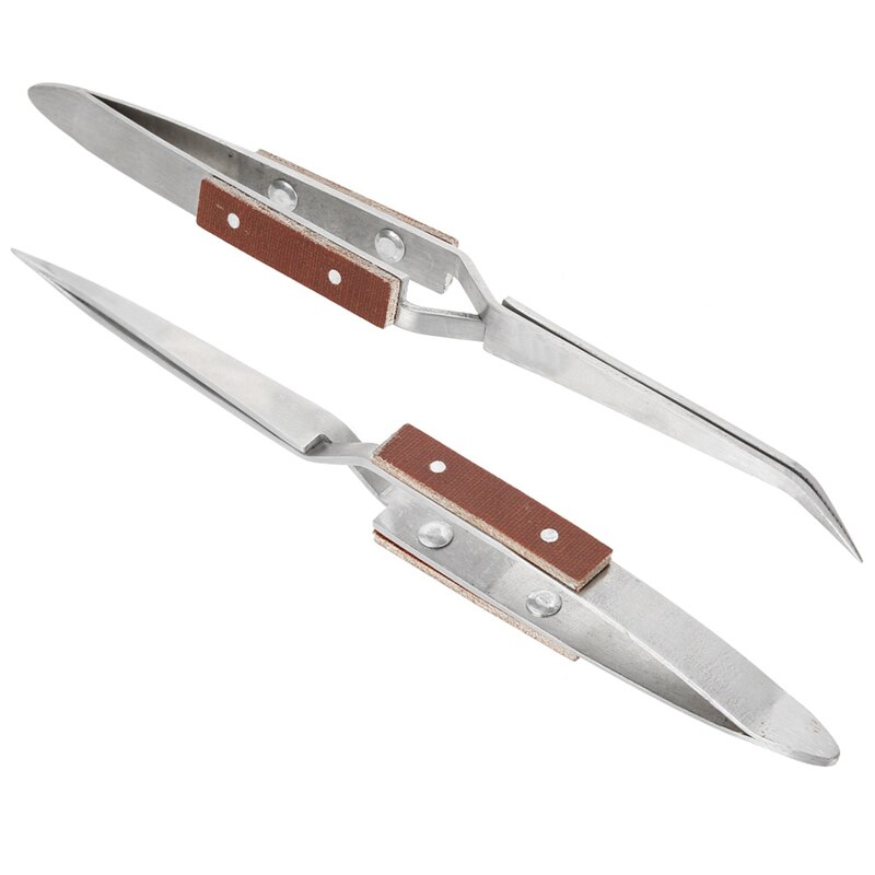 2 X Self Locking Closing Tweezers Straight Curved Tweezer Anvil Wood Grip
