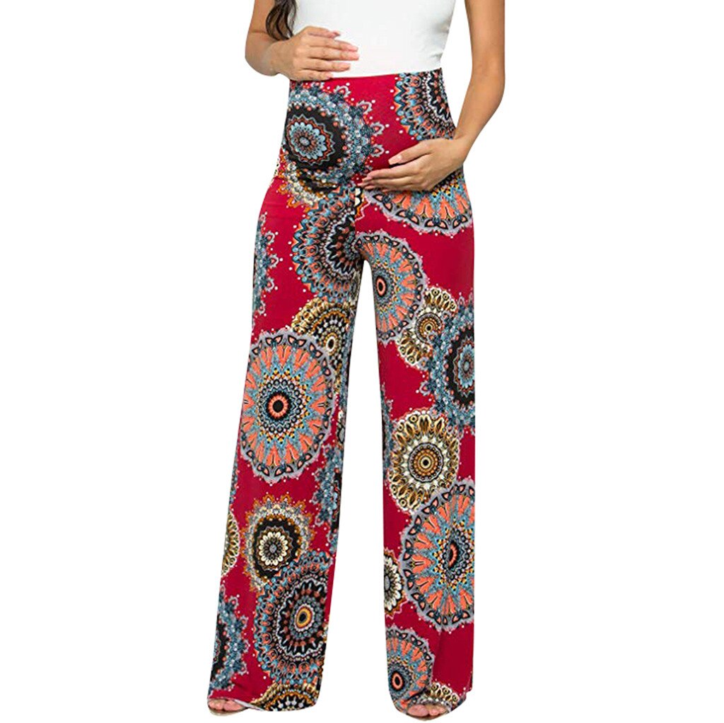 Women's Maternity Pants Wide Straight Lounge Pants Printing Stretch Pregnancy Trousers Loose Wide Leg Pants