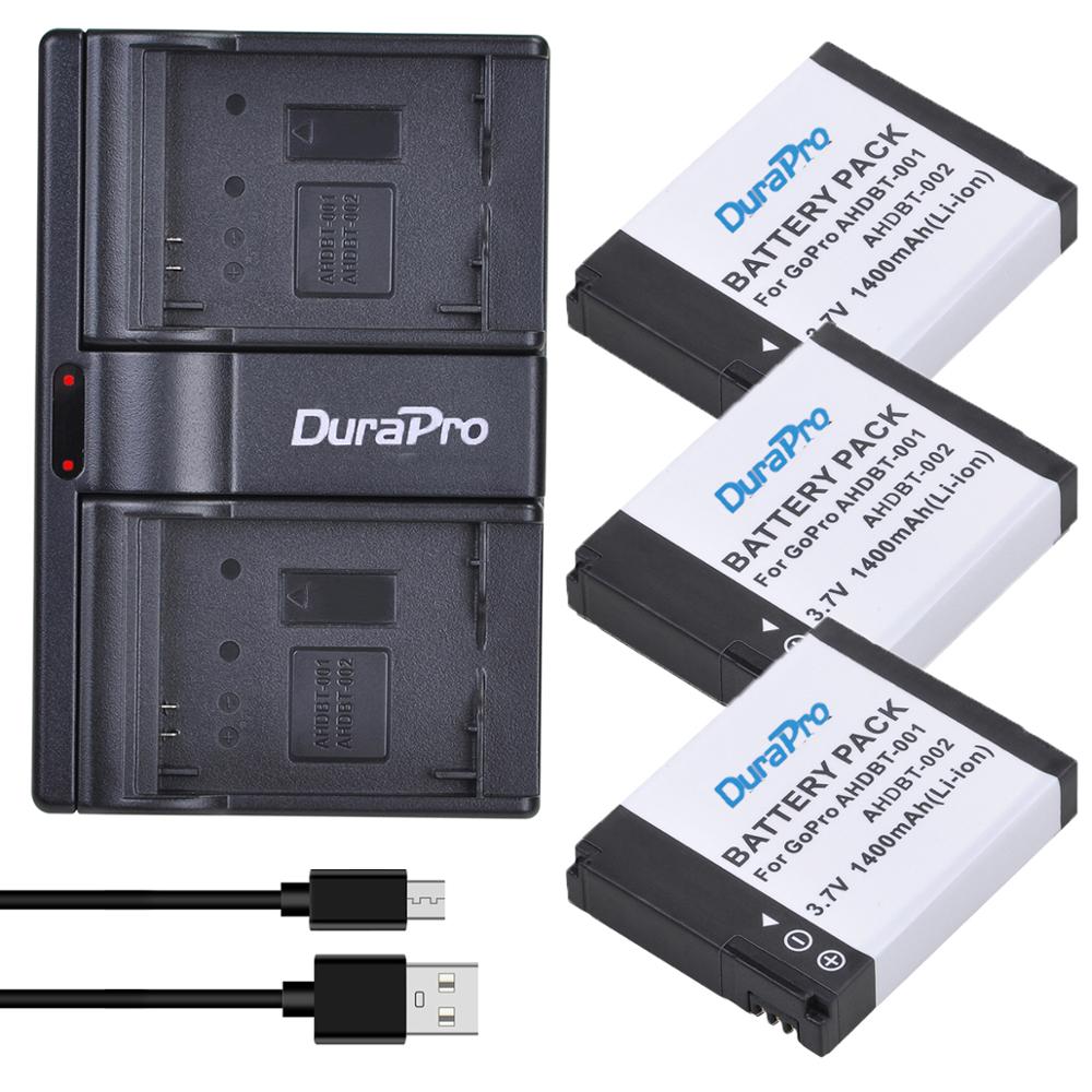 DuraPro 1400mAH AHDBT-001 AHDBT-002 Camera Battery+USB Dual Charger for GoPro Hero 1 2 Go pro Hero 1 2 1080p 960 NIB Camera: 3 Battery Set