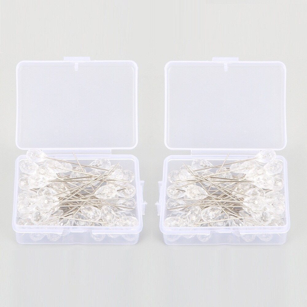 100Pcs(2 Boxes) Clear Diamond Tailor Sewing Garment Straight Pins Wedding Corsage Boutonniere Floral Bouquet Fixed Pin Thumbtack