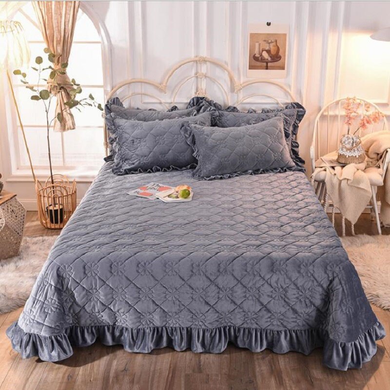 Dikker Crystal Fluwelen Sprei Hoeslaken Effen Kleur Warm Bed Cover Sprei (Of Kussensloop) King Queen Size Beddengoed: Blue-gray / 240X250CM sheet