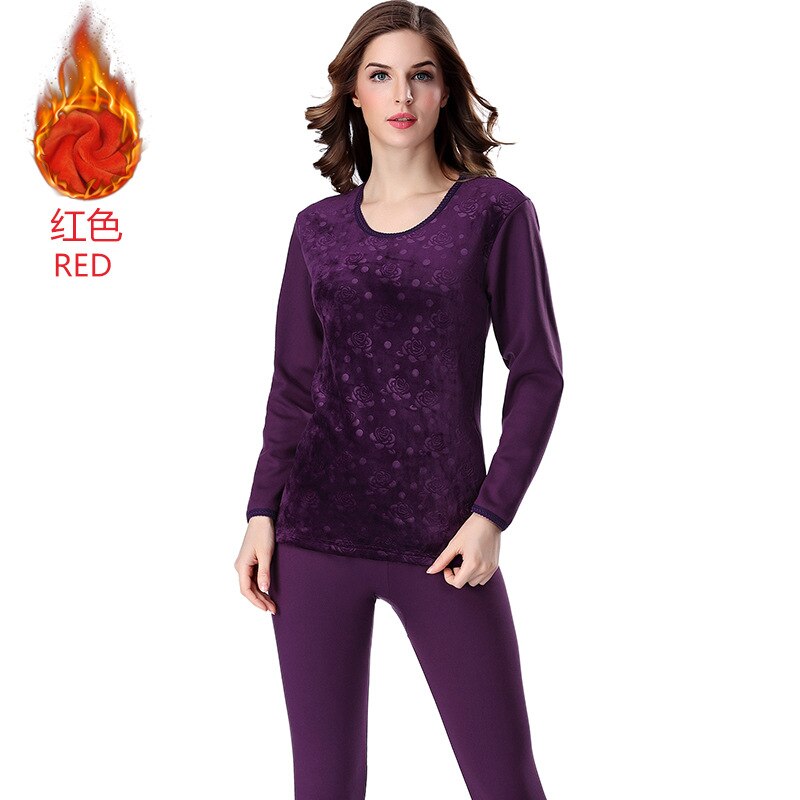 Winter Style Warm Thermal underwear women Soft Cotton embossing printing thick plus velvet plus size XXXL long Johns women sets: Purple / XL