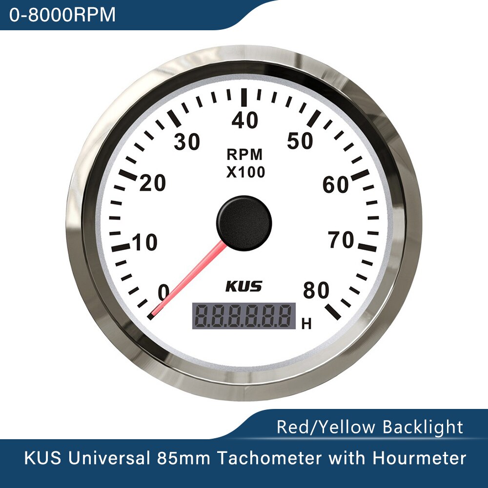 KUS 85mm Tachometer RPM Gauge REV Meter With Hour Meter 0-8000RPM 12V/24V With Backlight: WS