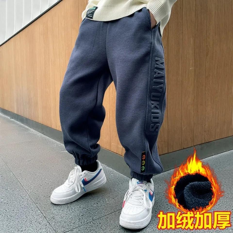 Pantalones de lana para niños de 3 a 14 años, mallas gruesas y cálidas de terciopelo con letras bordadas, ropa de otoño