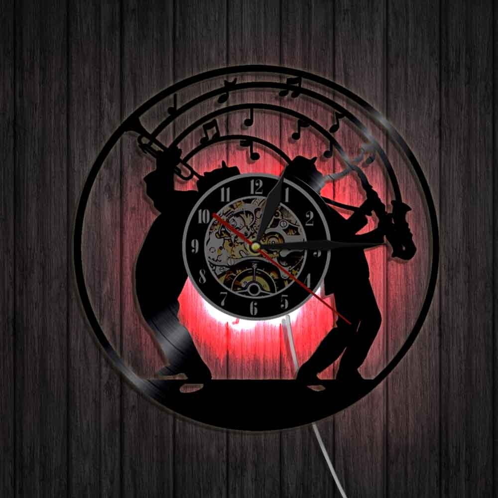 Reloj de pared de vinilo con luz Led con de saxofón iluminado, reloj artístico con banda de música Jazz, para amantes