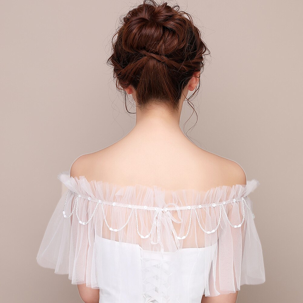 Scialle da sposa con scollo a barchetta in avorio da donna elegante scialle con volant in rilievo con nastro e nappa Sexy Tulle trasparente con stola sulla spalla