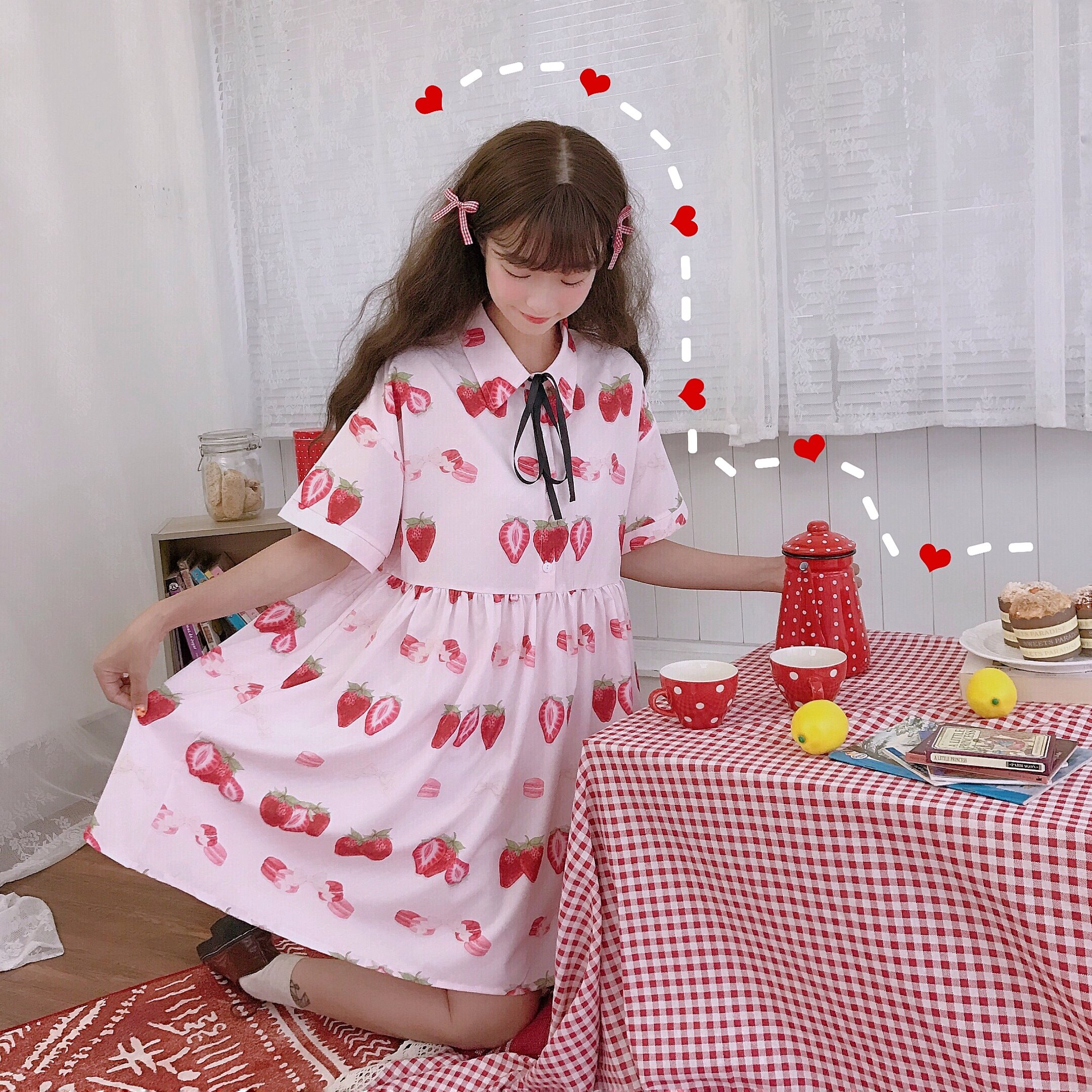 Vestido de verano estilo japonés de manga corta, falda holgada con dibujo de fresa para mujer