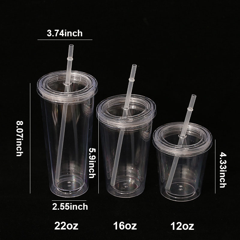 16oz/22oz återanvändbara rese-iskaffe muggar dubbelvägg isolerande klara plastglas med lock och sugrör 1 st ,3 st ,12 st/set