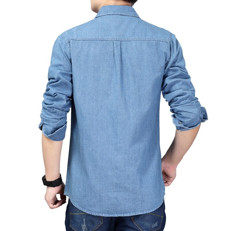 Cowboy skjorte herre forår denim bluse lange ærmer herre plus størrelse solid blå bomuld work casual skjorter til mænd dress shirt