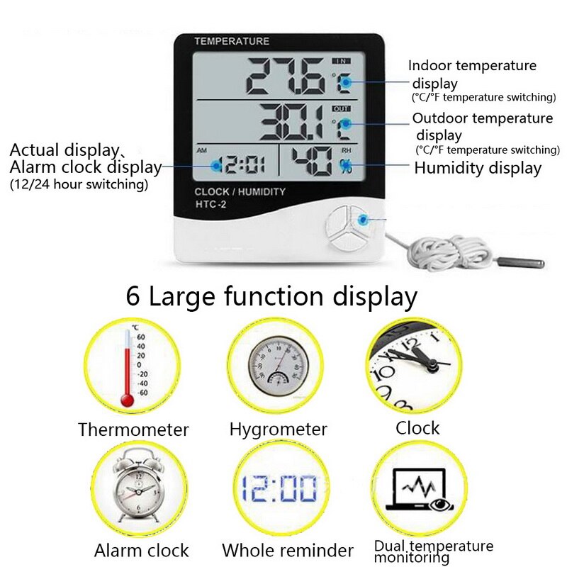 Medidor de humedad y temperatura Digital LCD HTC-1, higrómetro de exterior para interiores y HTC-2, estación meteorológica con reloj