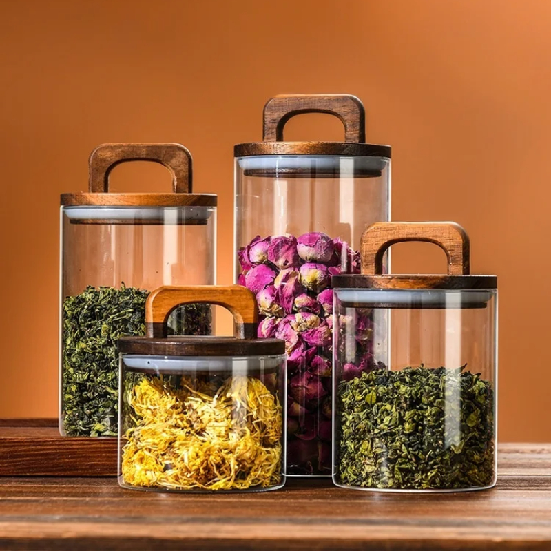 Tarro sellado de vidrio para granos de café con tapa de madera, tarros transparentes para granos de té, dulces, contenedores de almacenamiento de alimentos, botellas de almacenamiento de cocina