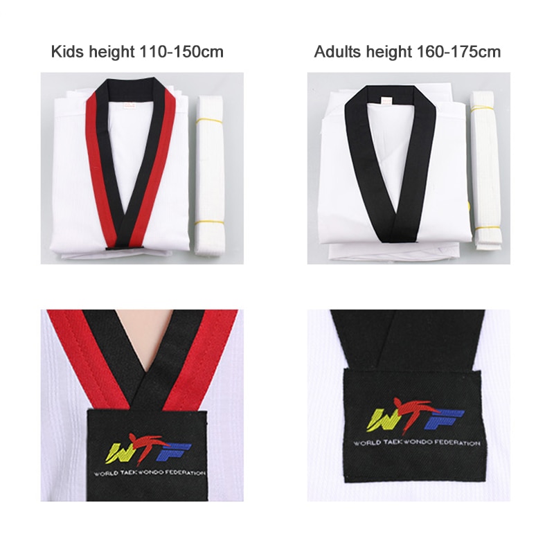 Uniformes blancos de Taekwondo WTF, ropa de Karate, Judo, Taekwondo, Dobok, niños y adultos, ropa TKD de manga larga