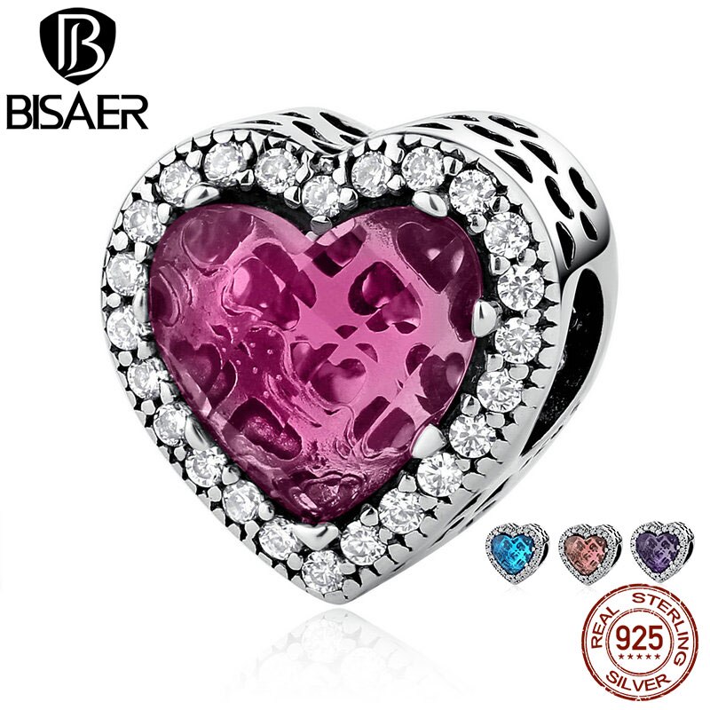 BISAER Pendenti E Ciondoli 925 sterlina Argento radiante Cuori di Pietra Rosa Perline a Forma di Cuore Misura I Braccialetti Gioielli FAI DA TE Accessori EDC055