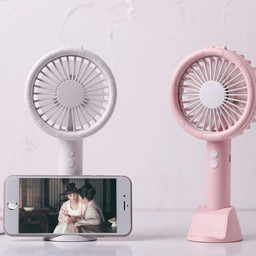 Mini Handheld Fan USB Rechargeable Handheld Desk Fan 3 Speed Adjustable Cooling Fan LED Ring Light with Phone Stand Base