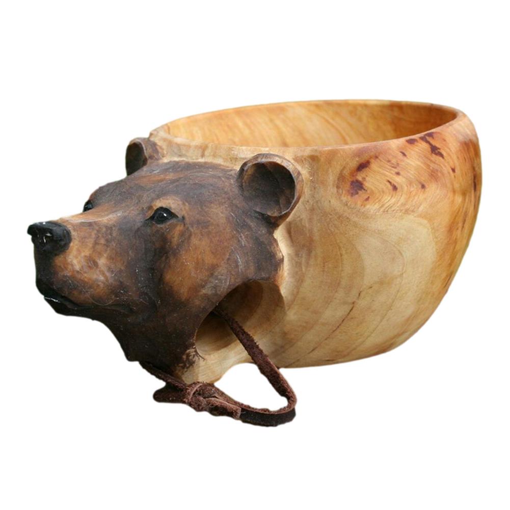 Holz Becher Hand Geschnitzte Ebene Kopf Tasse Fuchs Wolf Wildschwein Ebene Kopf Griff Wasser Tasse Tragbare Camping Kaffee Tassen mit Schlüsselband: grau
