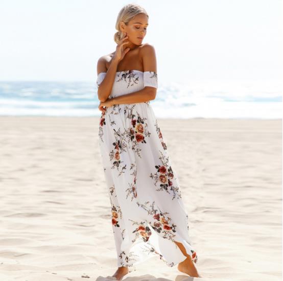 Lange jurk dames off shoulder strand zomerjurken bloemenprint vintage chiffon witte jurk vestidos de festa