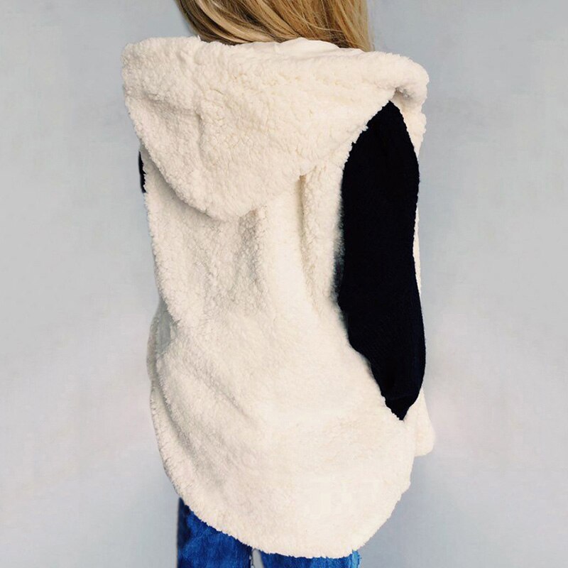 Kvinders beige hvid imiteret pels hættevest efterår vinter afslappet ærmeløse lommer overtøj dame varm fluffy vest