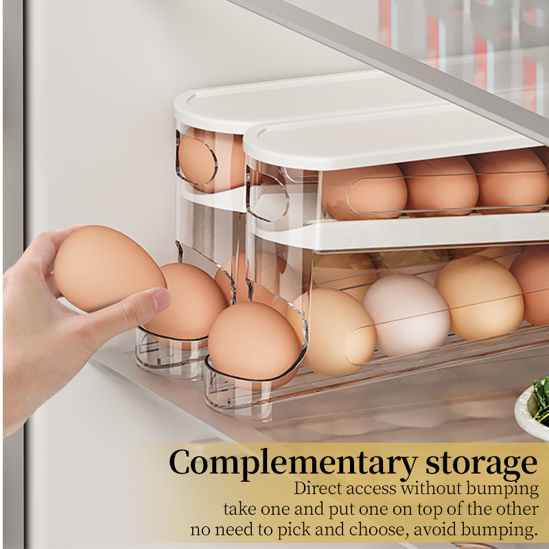 Estante para huevos de desplazamiento automático, soporte para huevos de cocina, caja de almacenamiento, cesta para huevos, contenedor, organizador, dispensador de huevos para refrigerador enrollable