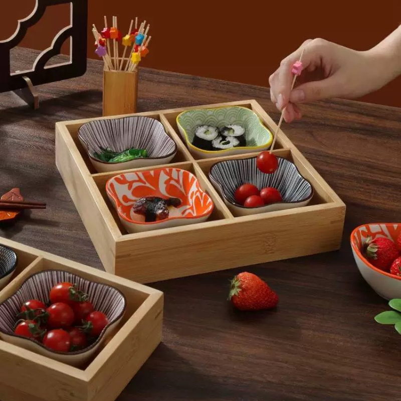 Bandeja japonesa de 9 compartimentos, plato de cena con compartimentos de bambú, platos laterales para ollas calientes, aperitivos de fruta, postre, vajilla Shushi