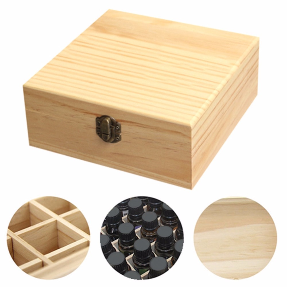 Frascos de aromaterapia de madera maciza con 25 ranuras, soporte para caja de aceites esenciales, organizador de almacenamiento para el hogar, 18,3x18,3x8,3 cm, madera de pino