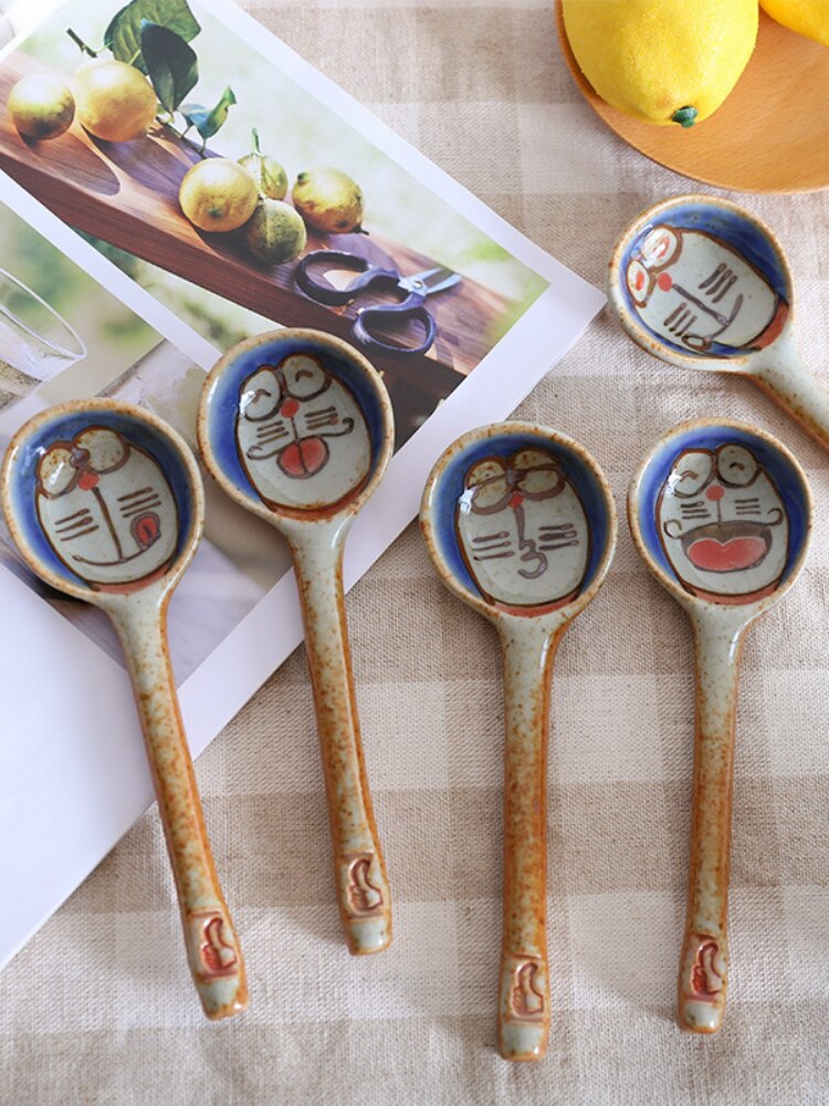 Handmade Ceramic Spoon Hand Painted Japanese Cartoon Cat Household Product Long Handle Spoon Kitchen Tableware 1 Piece