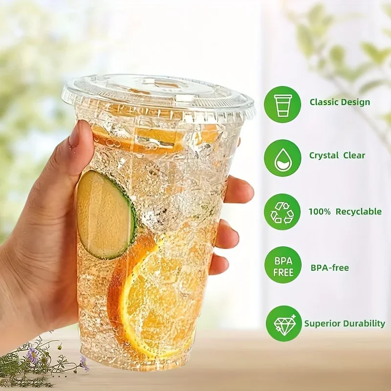 50 stk. 12/16oz engangskopper i plastik med låg til iskaffe, smoothie, milkshake, kolde drikke, fødselsdagsfestartikler