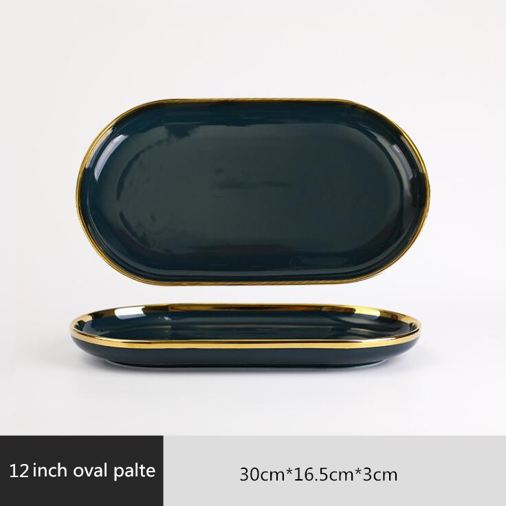 Gilt Rim Dark green Plate Steak Food Nordic Style Tableware Bowl Ins Dinner Dish High End Porcelain Dinnerware Set: 12 inch Oval plate