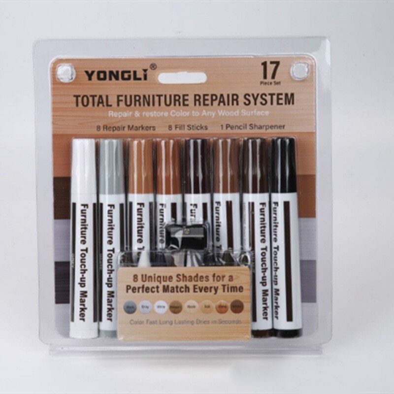 17Pcs Furniture Touch Up Kit Markers &amp; Filler Sticks Wood Scratches Restore Kit Scratch Patch Paint Pen Wood Composite Repair